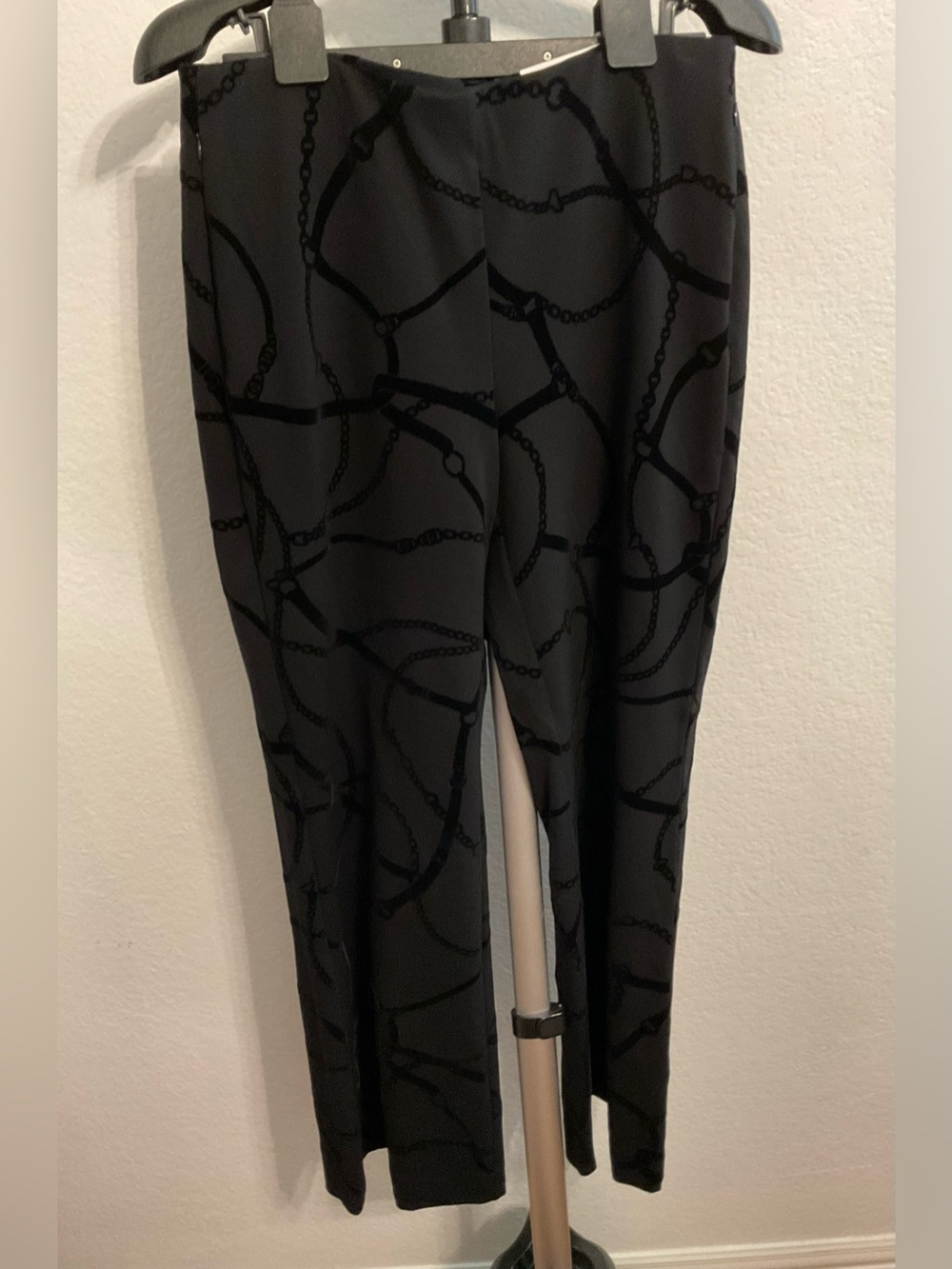 Chico's Black & Charcoal Boot Cut Pants with Chain Print